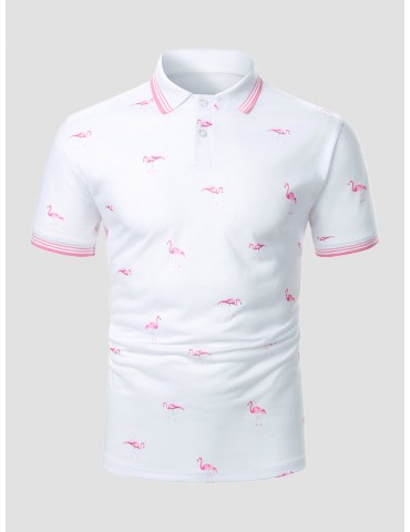 Men Allover Crane Print Front Button Short Sleeve Formal Business Polos Shirts