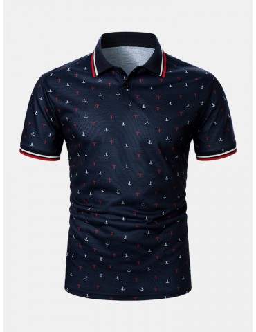 Men Allover Print Front Button Short Sleeve Formal Business Polos Shirts
