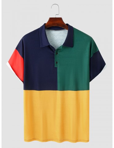 Men Colorblock Brief Short Sleeve Half Button Soft Business Polos Shirts