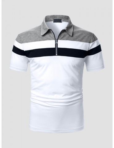 Men Colorblock Fit Front Zipper Soft Formal Business Polos Shirts