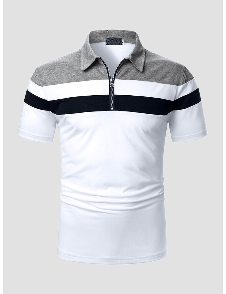 Men Colorblock Fit Front Zipper Soft Formal Business Polos Shirts
