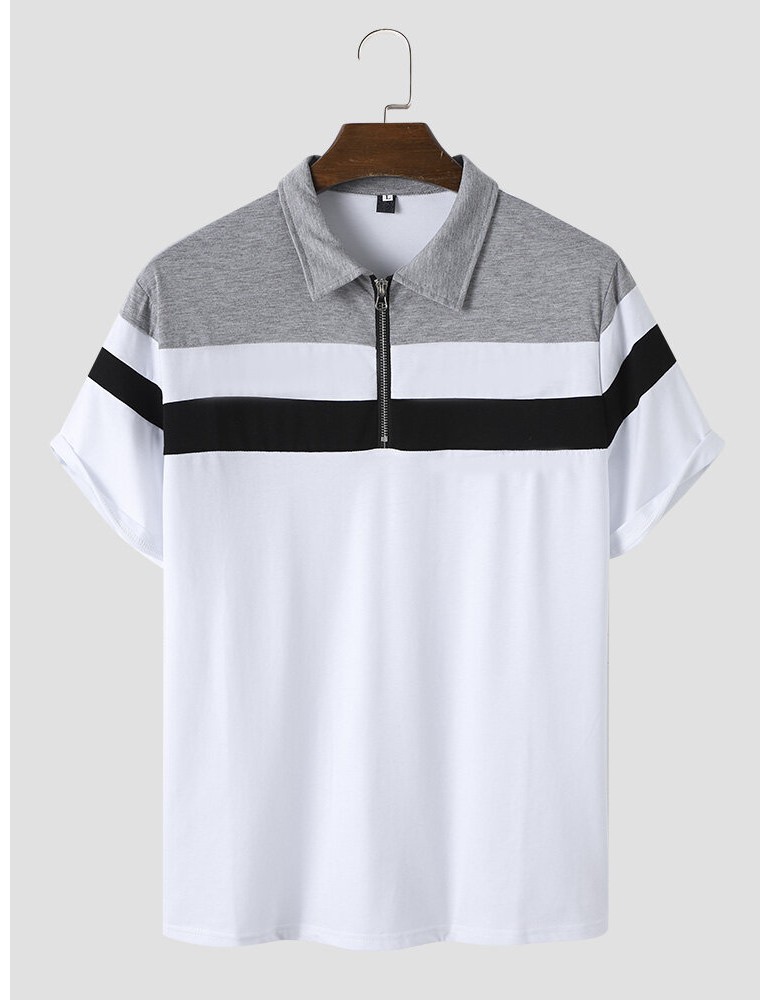 Men Colorblock Fit Front Zipper Soft Formal Business Polos Shirts