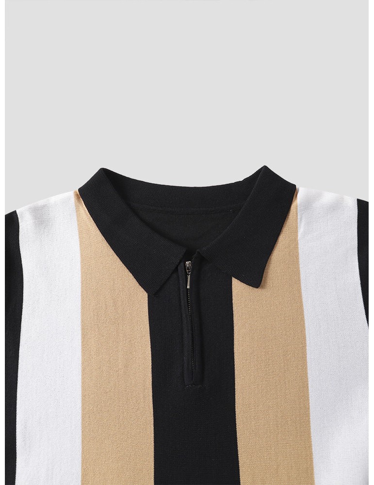 Men Colorblock Striped Print Polos Collar Zipper Short Sleeve Casual Polos Shirts