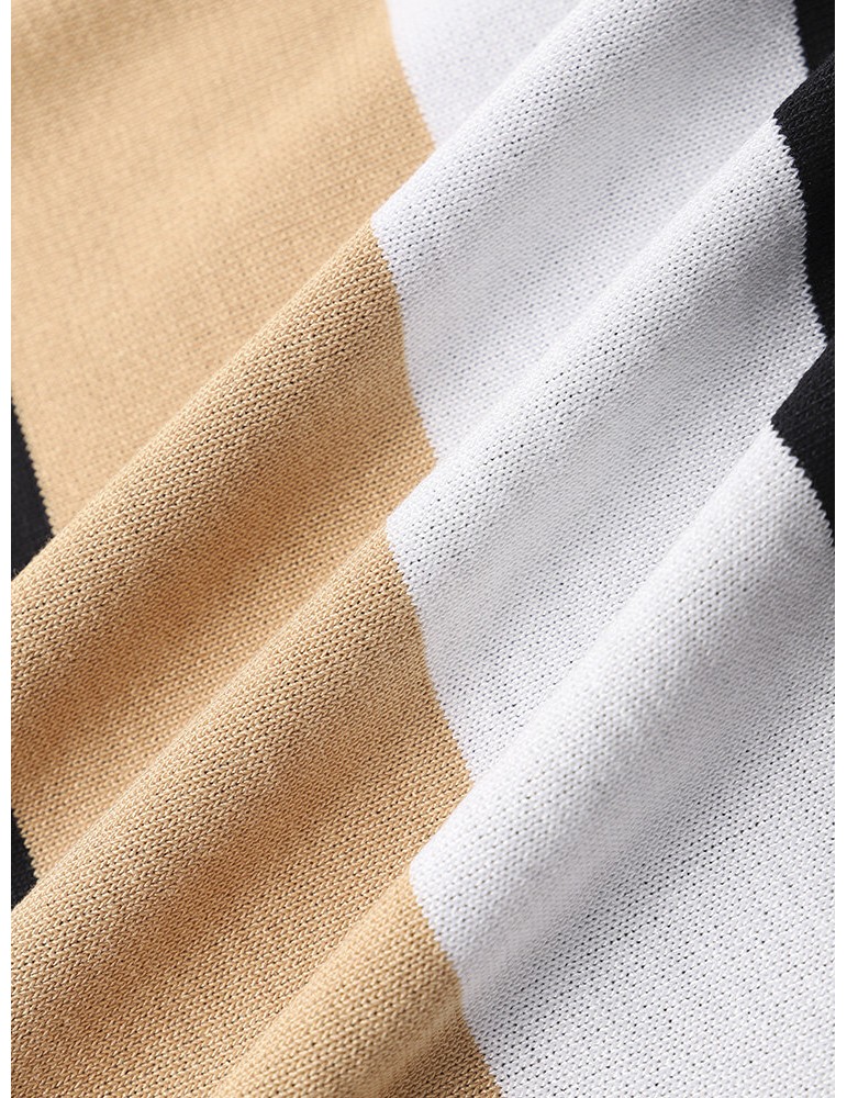Men Colorblock Striped Print Polos Collar Zipper Short Sleeve Casual Polos Shirts