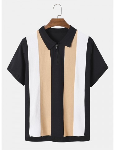 Men Colorblock Striped Print Polos Collar Zipper Short Sleeve Casual Polos Shirts