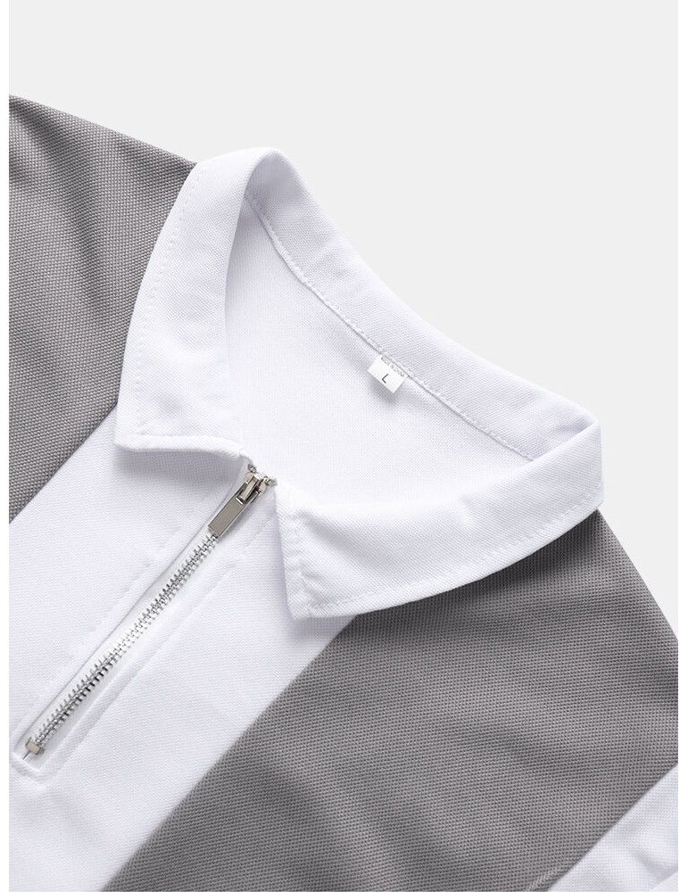 Men Contrast Colorblock Brief Front Zipper Soft Short Sleeve Polos Shirts