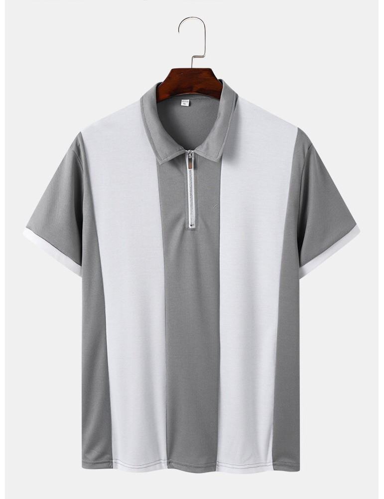 Men Contrast Colorblock Brief Front Zipper Soft Short Sleeve Polos Shirts