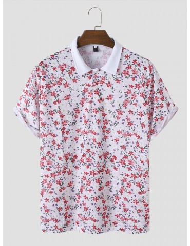 Men Ditsy Floral Print Spring Half Button Soft Casual Polos Shirts