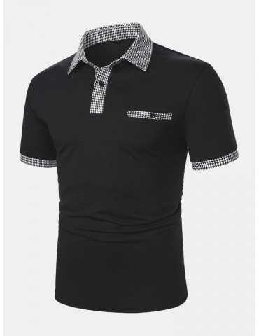 Men Gingham Patchwork Decor Pocket Short Sleeve Business Polos Shirts