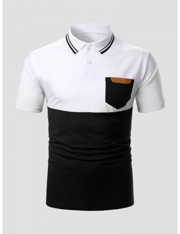Men Patchwork Chest Pocket Front Button Short Sleeve Formal Business Polos Shirts