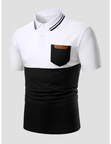 Men Patchwork Chest Pocket Front Button Short Sleeve Formal Business Polos Shirts