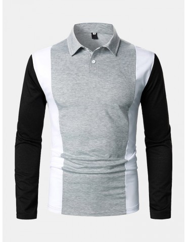 Men Simple Colorblock Long Sleeve Soft Business Polos Shirts