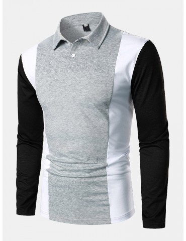 Men Simple Colorblock Long Sleeve Soft Business Polos Shirts