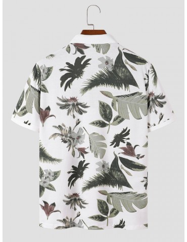 Men Tropical Plant Print Short Sleeve Half Button Soft Casual Polos Shirts