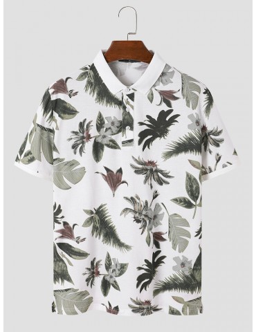 Men Tropical Plant Print Short Sleeve Half Button Soft Casual Polos Shirts