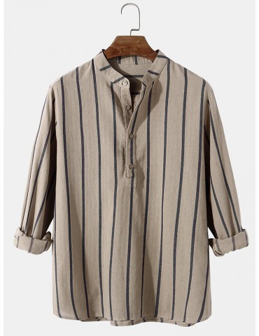 100% Cotton Mens Classic Stripe Print Long Sleeve Henley Shirts