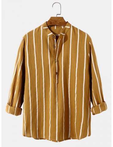 100% Cotton Mens Classic Stripe Print Long Sleeve Henley Shirts
