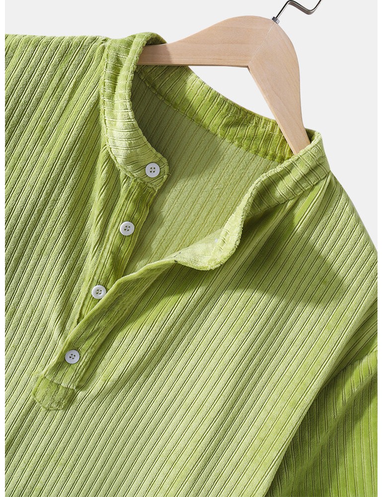 Corduroy Mens Solid Color Texture Short Sleeve Casual Henley Shirts