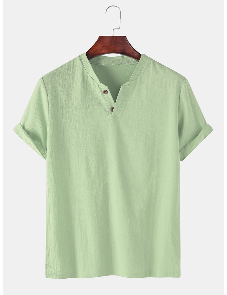 Men 100% Cotton Solid Color Short Sleeve Casual Henley Shirts
