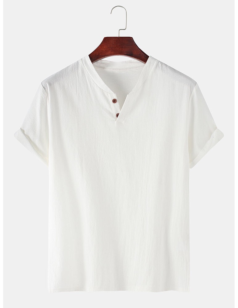 Men 100% Cotton Solid Color Short Sleeve Casual Henley Shirts