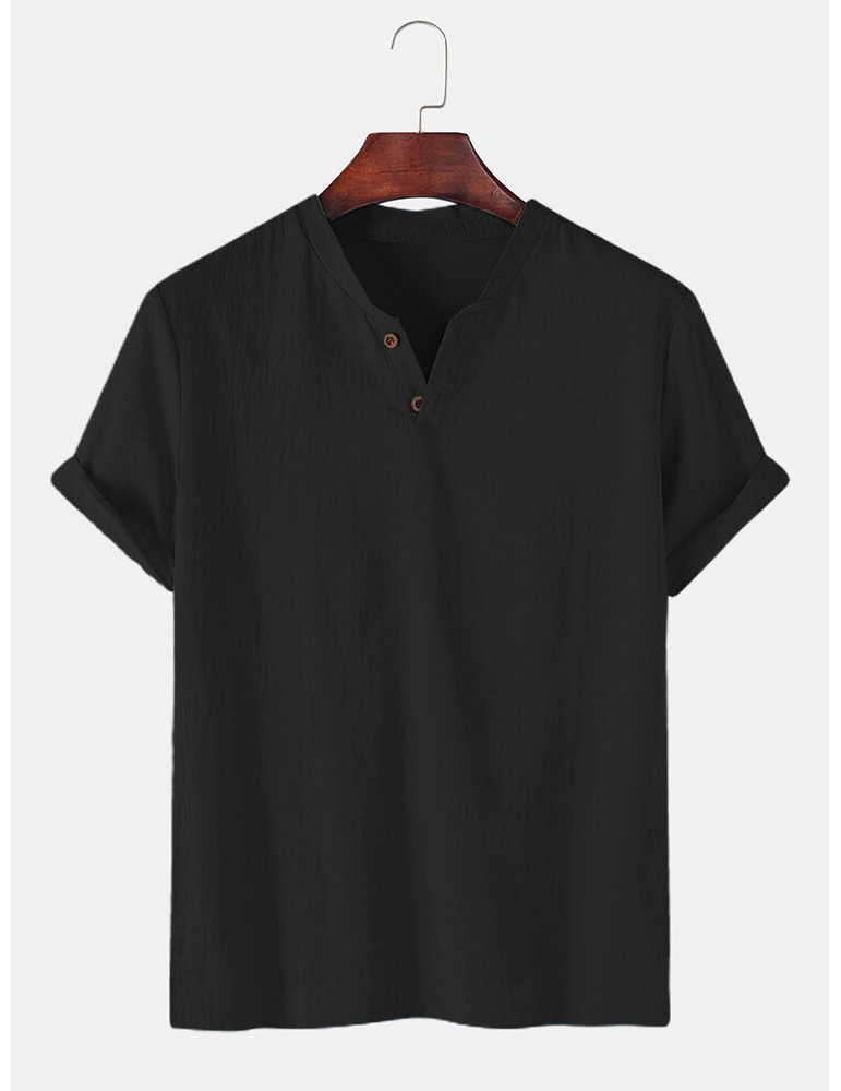 Men 100% Cotton Solid Color Short Sleeve Casual Henley Shirts