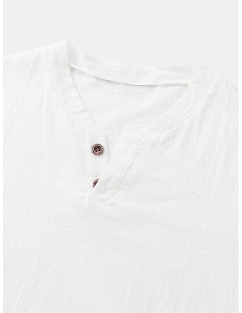 Men 100% Cotton Solid Color Short Sleeve Casual Henley Shirts