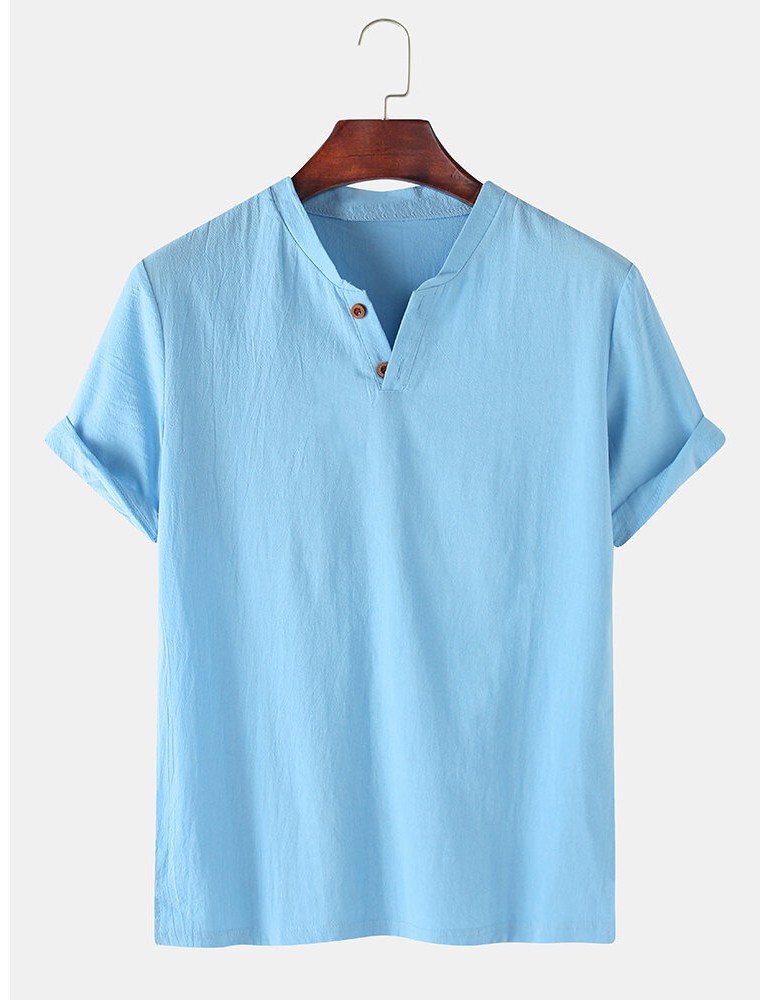 Men 100% Cotton Solid Color Short Sleeve Casual Henley Shirts