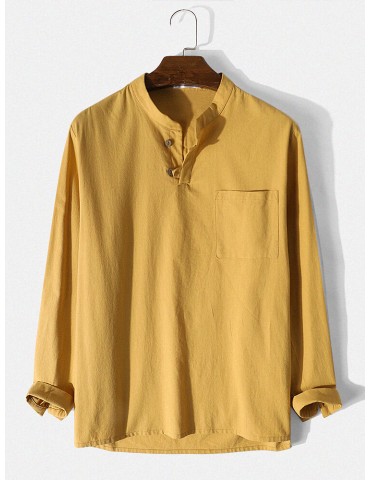 Mens 100% Cotton Half Button Front Long Sleeve Solid Color Basic Shirts With Pocket