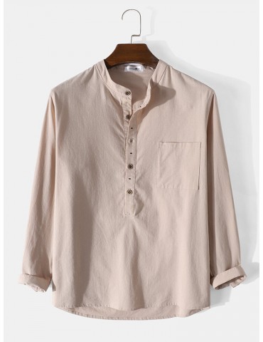 Mens 100% Cotton Plain Button Long Sleeve Henley Shirt