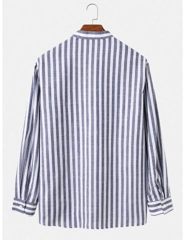 Mens Classic 100% Cotton Stripe Print Long Sleeve Henley Shirts