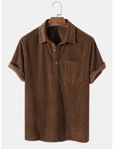 Mens Solid Color Basic Style Corduroy Lapel Short Sleeve Henley Shirt