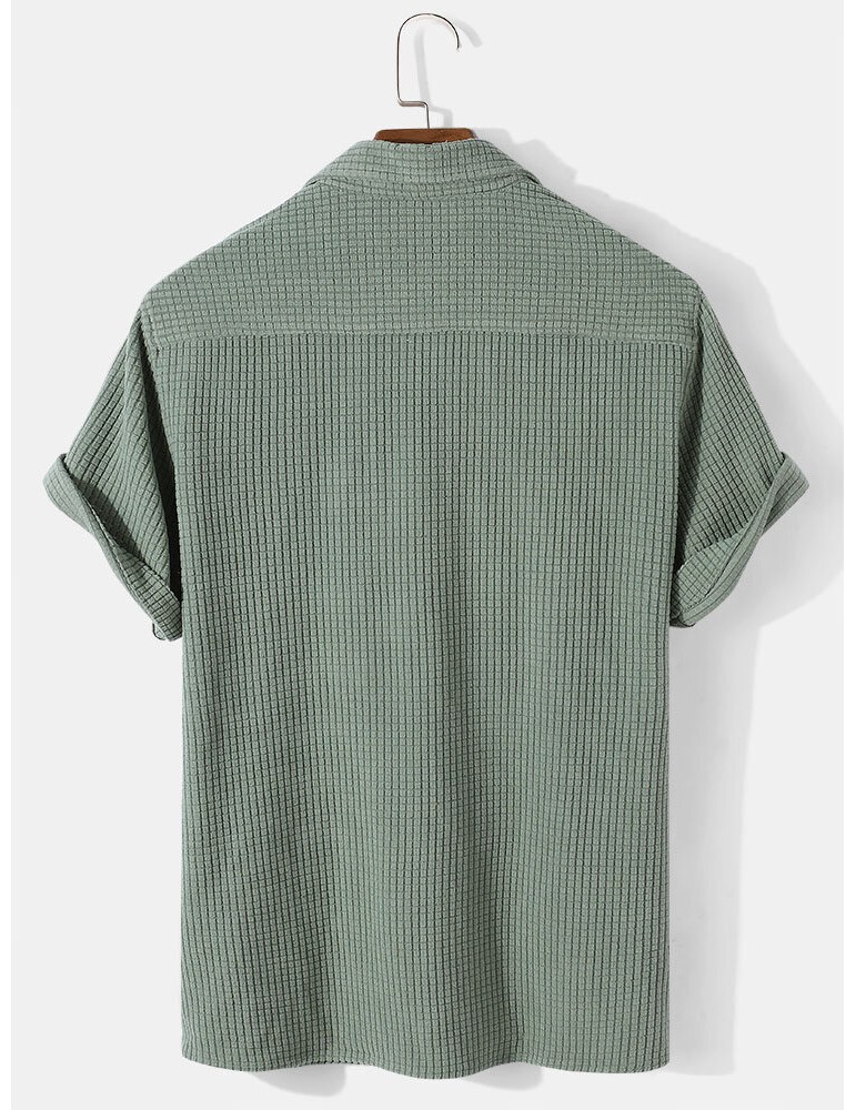 Mens Solid Color Waffle Casual Lapel Short Sleeve Henley Shirt