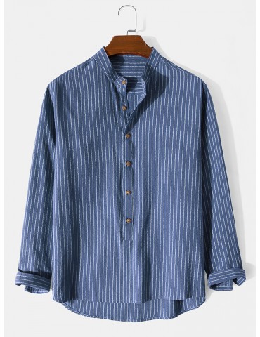 Mens Striped Stand Collar High Low Casual Long Sleeve Henley Shirts
