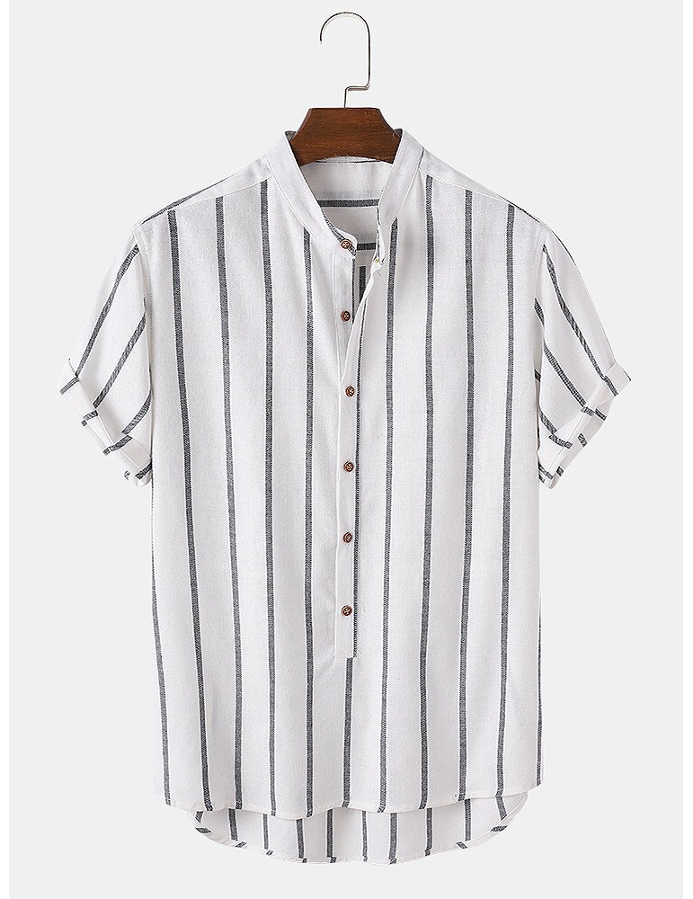 Mens Vintage Striped Loose Comfy Casual Henley Shirts