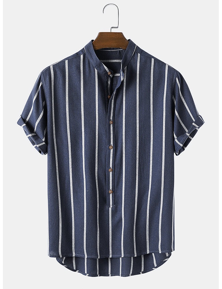 Mens Vintage Striped Loose Comfy Casual Henley Shirts
