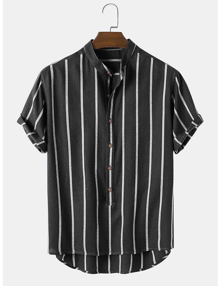 Mens Vintage Striped Loose Comfy Casual Henley Shirts