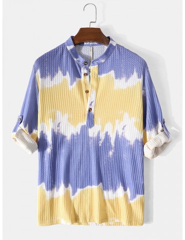 Mens Waffle Tie-Dye Button Designer Long Sleeve Henley Shirt