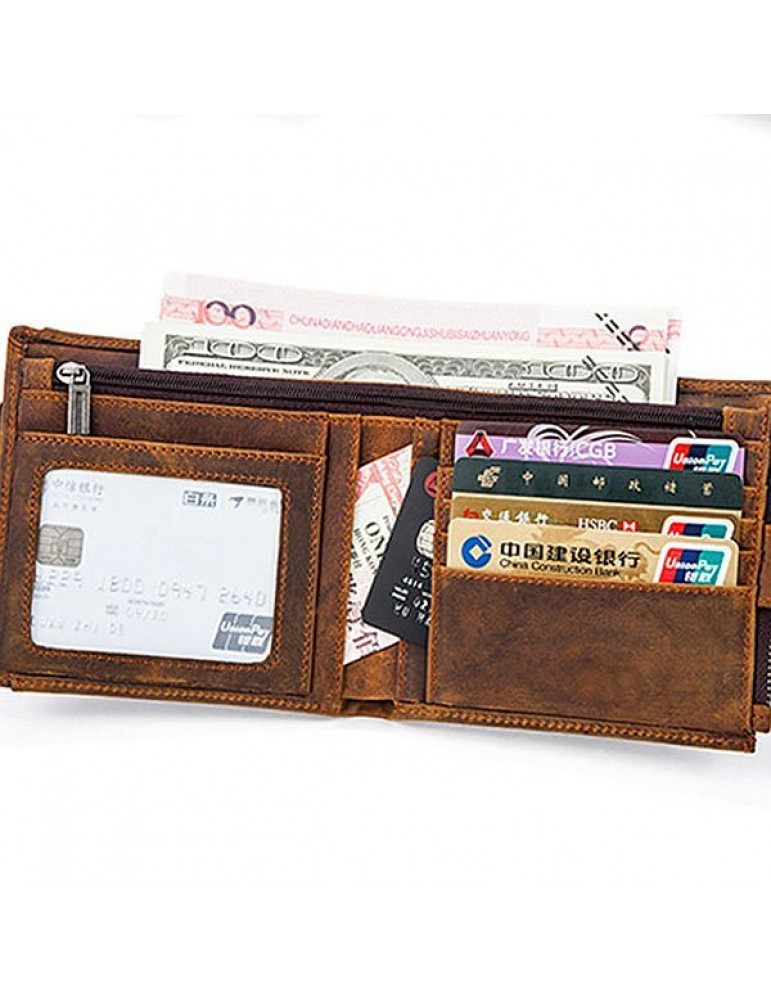 Genuine Leather 12 Card Slots Bifold Wallet Vintage Coin Bag For Men