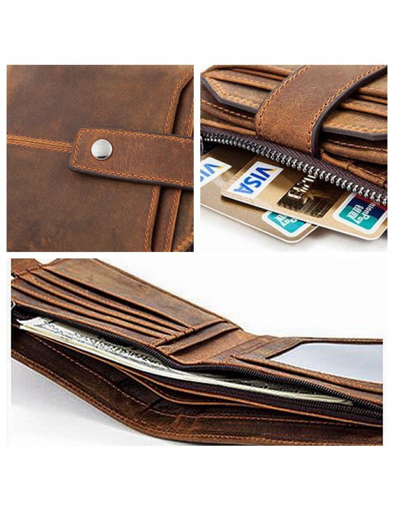 Genuine Leather 12 Card Slots Bifold Wallet Vintage Coin Bag For Men