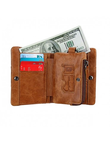 Genuine Leather RFID Antimagnetic Retro Zipper Pocket Trifold Wallet For Men