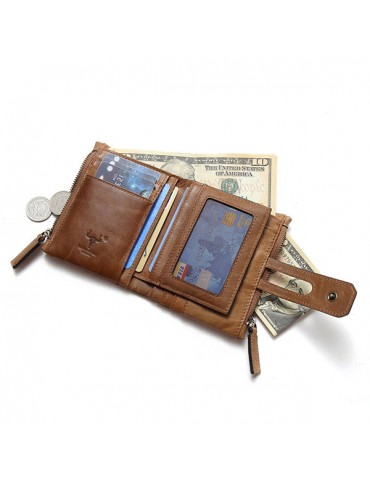 Men Genuine Leather RFID Antimagnetic Double Zipper Wallet