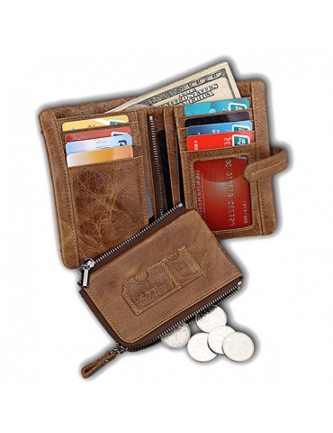 RFID Antimagnetic Retro Genuine Leather Removable Zipper Pocket Trifold Wallet For Men