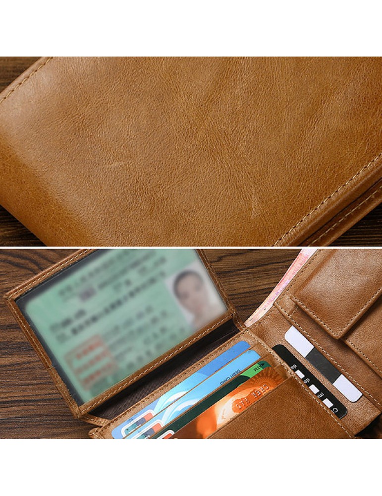 Vintage RFID Antimagnetic Genuine Leather Multi-functional Trifold Wallet For Men