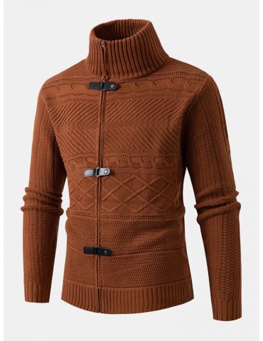 Men Cable Knitted Textured Buckle High Neck Solid Front Zipper Outdoor Sweaters