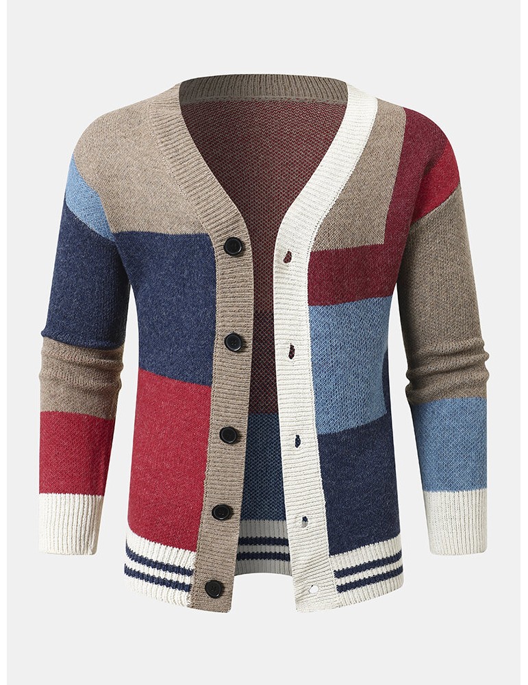Men Knitted Patchwork Color Block Button V-neck Casual Sweaters