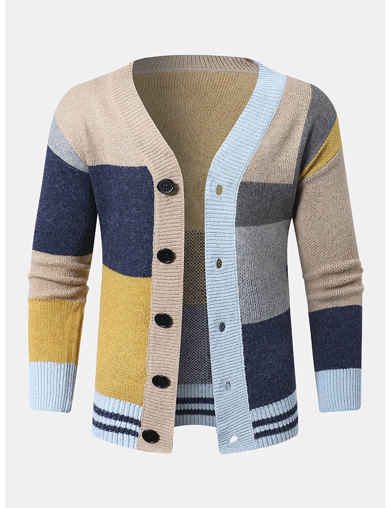 Men Knitted Patchwork Color Block Button V-neck Casual Sweaters