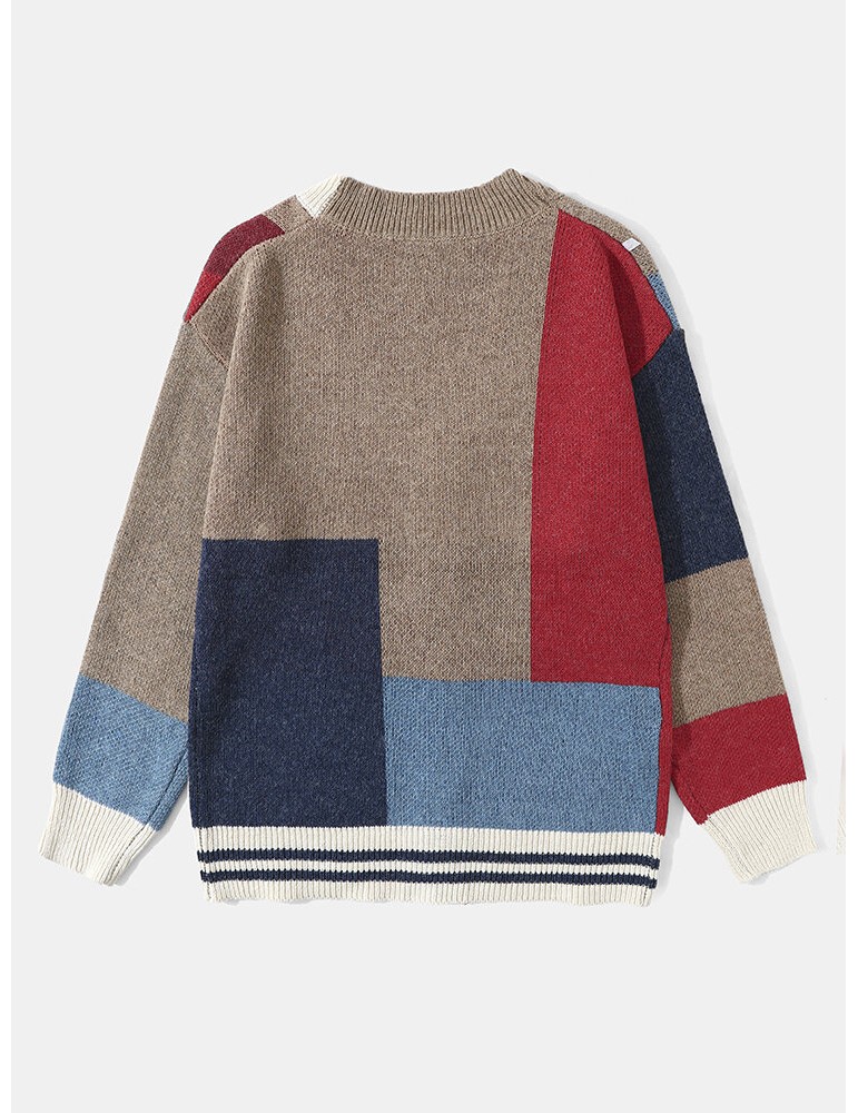 Men Knitted Patchwork Color Block Button V-neck Casual Sweaters