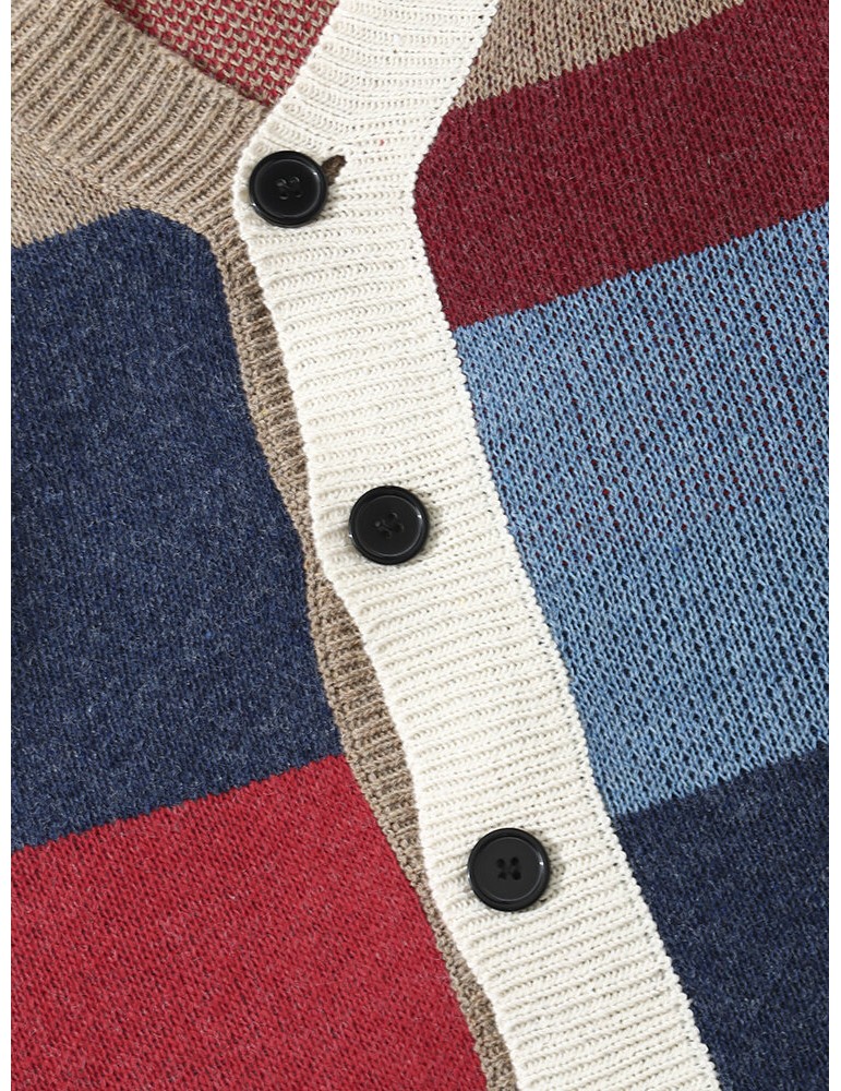 Men Knitted Patchwork Color Block Button V-neck Casual Sweaters