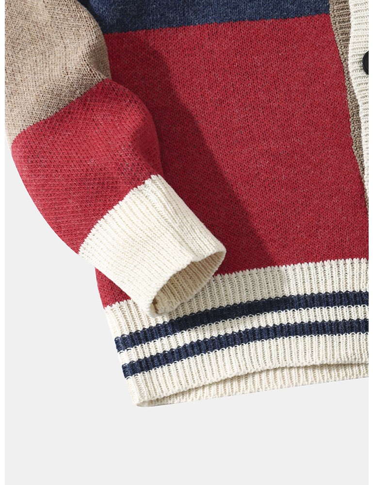 Men Knitted Patchwork Color Block Button V-neck Casual Sweaters