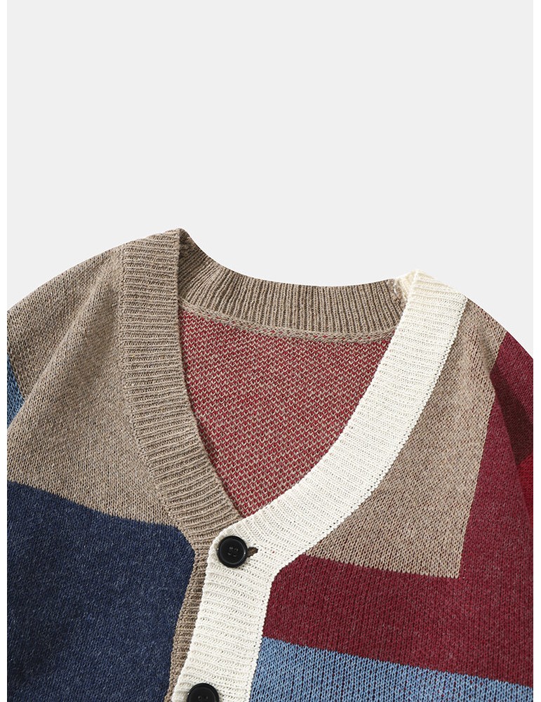 Men Knitted Patchwork Color Block Button V-neck Casual Sweaters